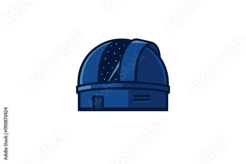 A blue minimalist vector illustration of an astronomical observatory dome with an open shutter revealing a starry night sky, set against a solid black background.
