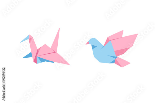 Two stylized origami birds, a crane and a dove, are shown in pink and light blue shades against a black background. The image highlights the geometric folds of traditional paper folding art.