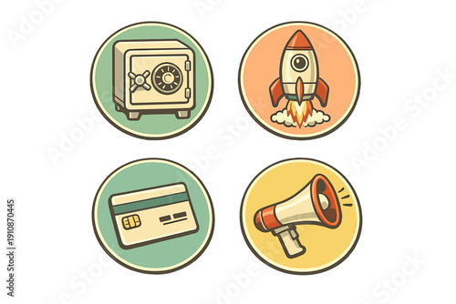 A set of four vintage-style circular icons featuring a bank safe, a launching rocket, a credit card, and a megaphone on a black background. These flat illustrations use a retro color palette.