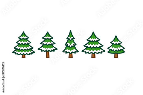 Five stylized evergreen trees with green needles and white snow-covered branches are arranged in a horizontal row against a solid black background. The trees have simple brown trunks.