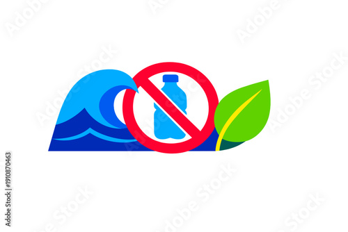 A graphic illustration featuring a blue wave, a red prohibition sign over a plastic bottle, and a green leaf on a black background, symbolizing environmental protection and conservation.