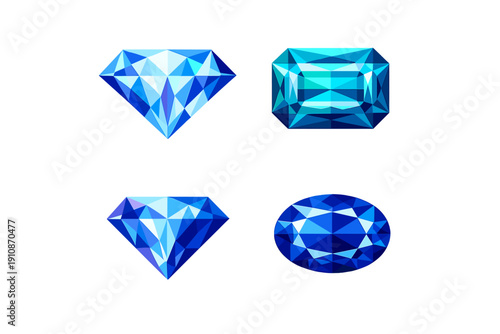 A collection of four blue faceted gemstones in various shapes including brilliant, emerald, and oval cuts. The gems are illustrated with sharp geometric facets on a black background.