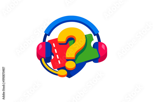 A colorful illustration of a blue headset with a yellow microphone, a large yellow question mark, and two tickets in red and green, set against a solid black background.