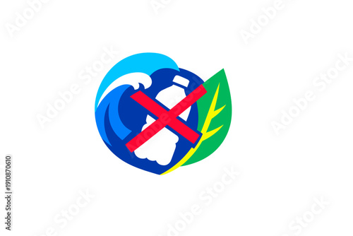 This illustration shows a plastic bottle with a red cross mark, symbolizing the fight against pollution, combined with a blue wave and a green leaf on a black backdrop.