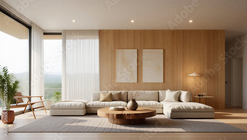 Slika na platnu Modern living room with wooden accents and large windows