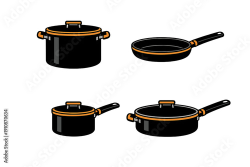 A set of four black kitchen cookware items including pots and pans with orange accents and lids, presented as flat vector illustrations on a dark background.