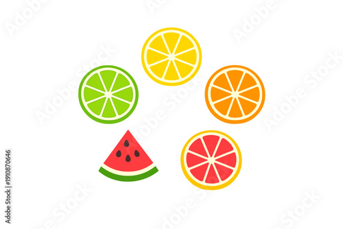 A collection of colorful fruit illustrations including slices of lime, lemon, orange, and grapefruit, along with a watermelon wedge, arranged on a solid black background.
