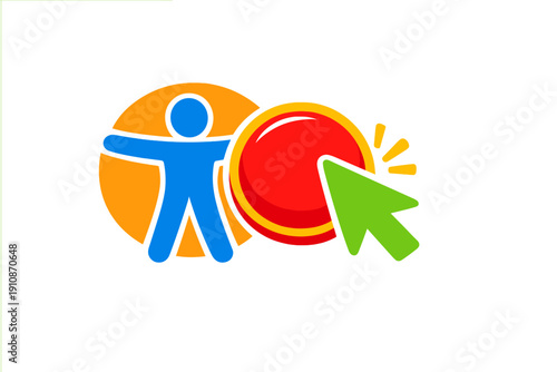 A blue human figure stands within an orange circle next to a large red button. A green cursor arrow is shown clicking on the red button against a solid black background.