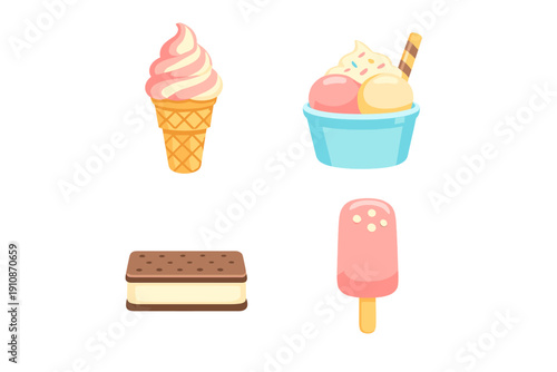 A collection of four different ice cream treats including a soft serve cone, a sundae in a bowl, an ice cream sandwich, and a pink popsicle, all set against a solid black background.