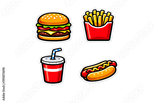 A set of four cartoon fast food stickers including a hamburger, french fries, a soda cup, and a hot dog with mustard and ketchup, all isolated on a solid black background.