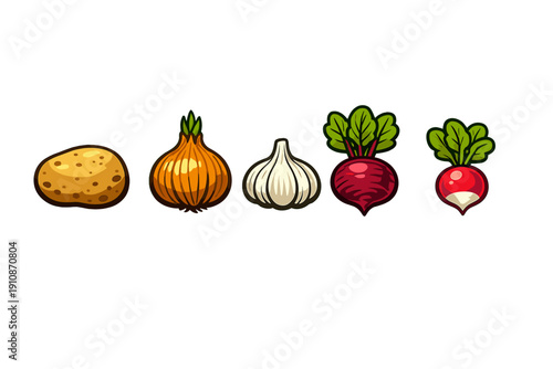 A row of five stylized root vegetables including a potato, onion, garlic, beetroot, and radish, presented as colorful illustrations against a solid black background.