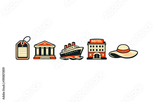 A collection of five vintage-style travel icons including a luggage tag, a classical museum building, a cruise ship, a hotel, and a sun hat, all set against a black background.