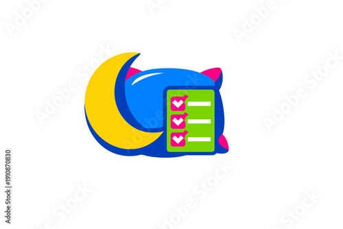 A colorful illustration featuring a blue pillow with pink ears, a yellow crescent moon, and a green checklist with pink checkmarks, representing a bedtime routine or sleep planning.