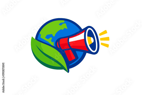 A graphic illustration of a globe with a green leaf and a red megaphone, symbolizing environmental activism and global communication for sustainability on a black background.