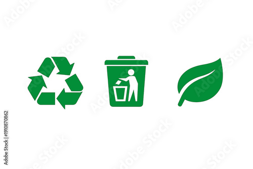 Three green environmental icons including a recycling symbol, a person disposing of waste in a trash can, and a leaf, all set against a solid black background for high contrast.