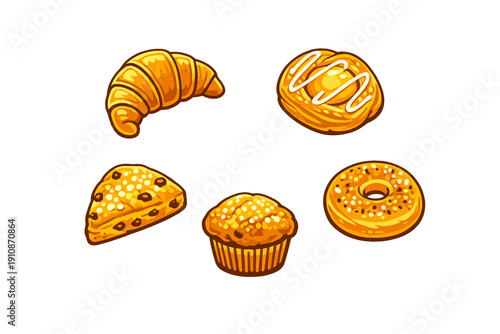 A collection of five golden-brown bakery items including a croissant, a danish, a chocolate chip scone, a muffin, and a bagel, illustrated in a stylized cartoon manner on a black background.