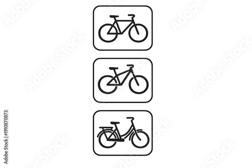 A vertical arrangement of three white line art bicycle icons on a black background. The set includes various bike styles like mountain, road, and city commuter models.