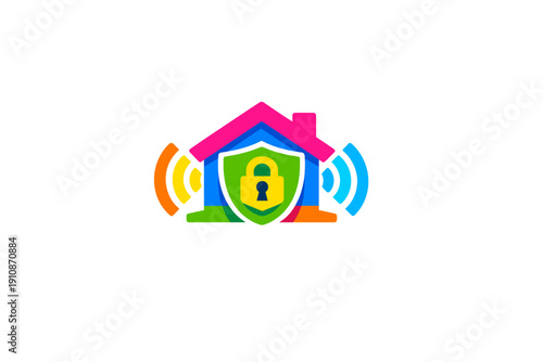 This vibrant graphic depicts a house icon protected by a green shield and a yellow padlock, with signal waves emanating from the sides, symbolizing a smart home security system.