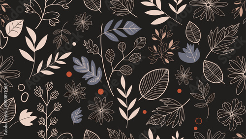 Stylish seamless pattern with hand-drawn leaves and botanicals in neutral tones on a sophisticated dark background for modern decor.