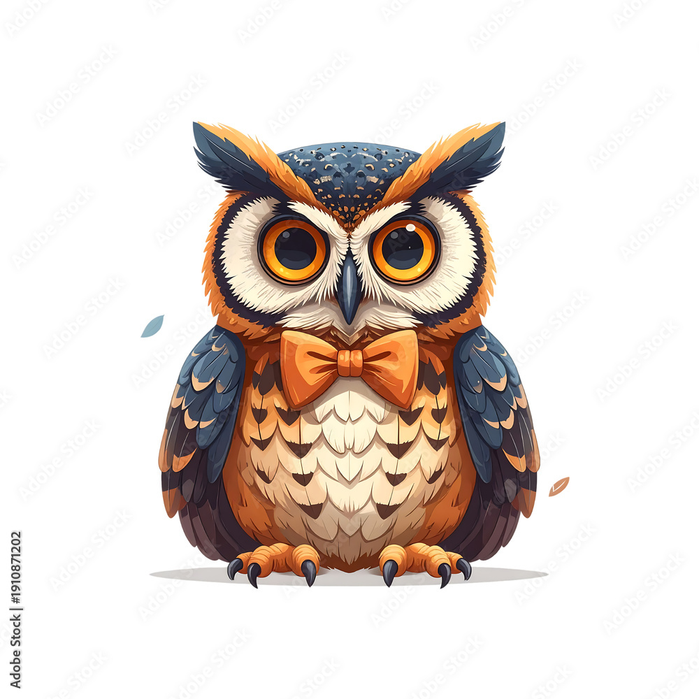 Obraz premium Adorable orange and blue cartoon owl with bow tie sitting upright, expressive large eyes and detailed feathers conveying playful charm
