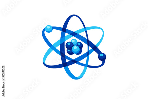 A digital illustration of an atom model with a central nucleus and three elliptical orbits containing electrons, all rendered in shades of blue against a solid black background.