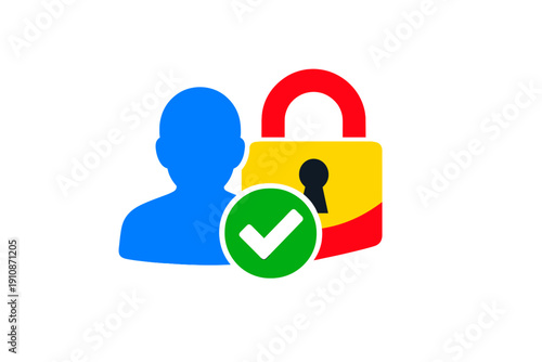 A blue human silhouette stands next to a yellow and red padlock with a green checkmark icon in front, representing secure user authentication and data protection on a black background.