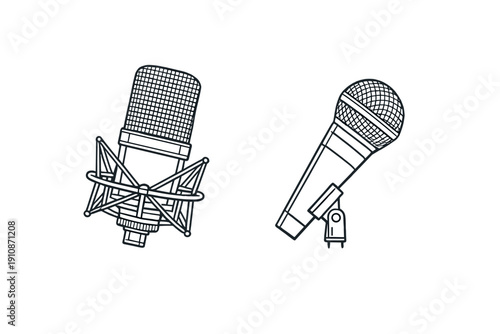 This minimalist graphic shows two white line art microphones on a solid black background, depicting a professional studio condenser mic and a standard dynamic handheld model.