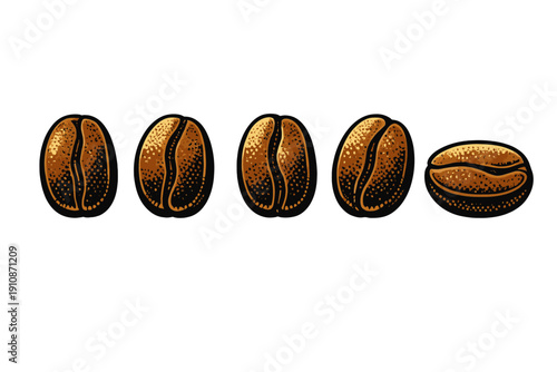 Five stylized coffee beans are arranged in a row against a solid black background. The beans feature a textured, golden-brown finish with detailed stippling and a woodcut aesthetic.