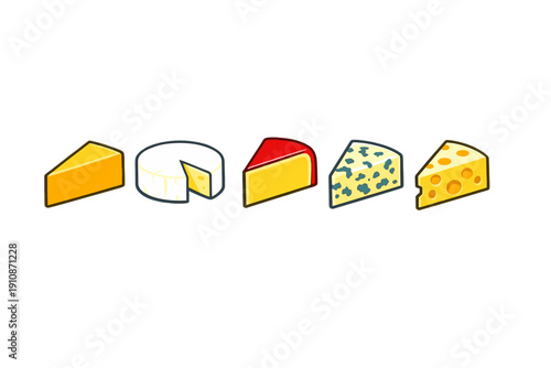 A collection of five different cheese varieties including cheddar, brie, gouda, blue cheese, and swiss, presented as colorful vector illustrations on a solid black background.