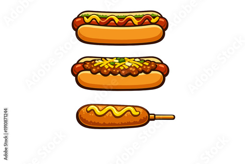 Three cartoon illustrations of hot dogs are shown against a black background, including a classic hot dog with mustard, a chili cheese dog, and a corn dog on a stick with mustard.
