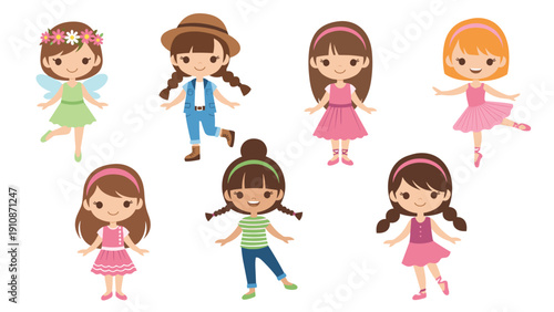 Adorable collection of cute little girls in various outfits, including a fairy, a ballerina, and casual clothes for kids.