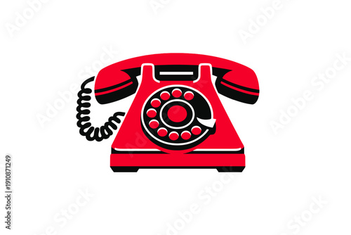 This graphic illustration features a classic red rotary dial telephone with a black handset and coiled cord, isolated on a solid black background for a striking retro aesthetic.