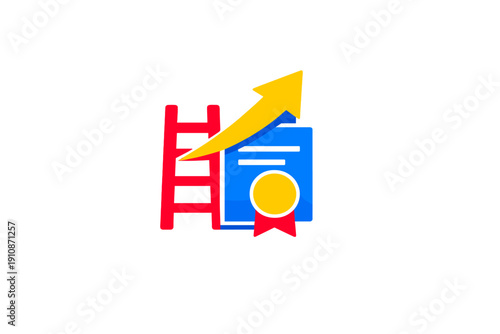A red ladder stands next to a blue certificate with a gold seal, while a yellow arrow points upward, symbolizing career advancement, professional growth, and educational success.