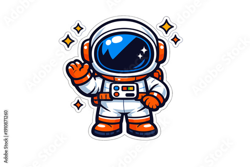 A cute cartoon astronaut in a white and orange space suit waves his hand against a black background. The illustration features a bold white border and sparkling stars around the figure.