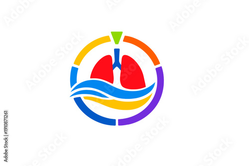 A colorful graphic logo featuring red lungs and a blue trachea above stylized blue and yellow waves, all enclosed within a multi-colored circular frame on a black background.