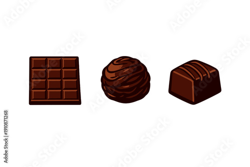 Three different chocolate treats including a square bar, a round swirled truffle, and a striped praline are displayed against a solid black background in a vector illustration style.
