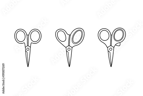 Three minimalist white line art icons of different types of scissors are displayed in a row against a solid black background. The set includes standard and specialized cutting tools.