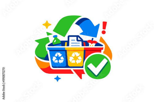 This vibrant graphic shows three sorted recycling bins with a bottle, paper, and apple core, encircled by colorful arrows and a green checkmark symbol for eco-friendly waste management.