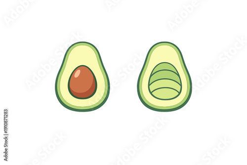 A flat vector illustration of two avocado halves on a solid black background. One half contains a brown pit while the other shows the empty indentation where the seed was removed.