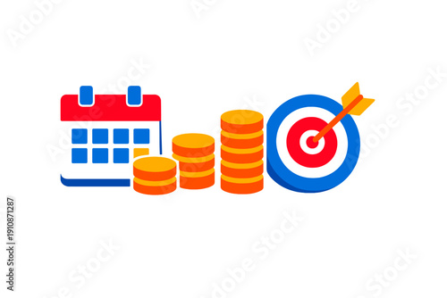 This illustration shows a red calendar next to growing stacks of orange coins and a target with an arrow, representing financial planning and goal achievement on a black background.