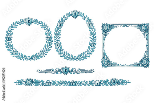 A collection of light blue decorative frames and dividers featuring shields with keyholes, padlocks, and leafy wreaths, set against a solid black background for a vintage look.