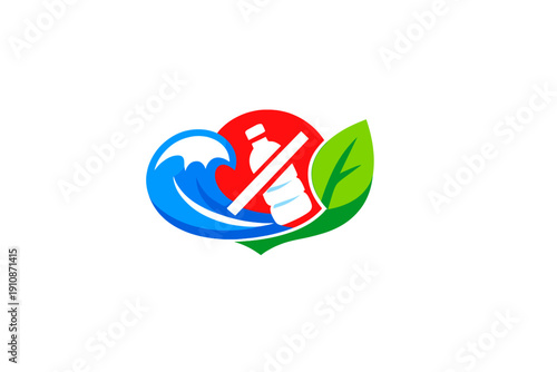 An environmental logo featuring a blue ocean wave, a green leaf, and a red prohibition sign over a white plastic bottle, symbolizing the fight against plastic pollution in nature.