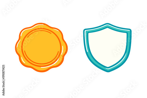 A yellow circular badge with a wavy edge and a blue shield icon are displayed side by side against a solid black background. Both icons feature a simple, sketchy style.