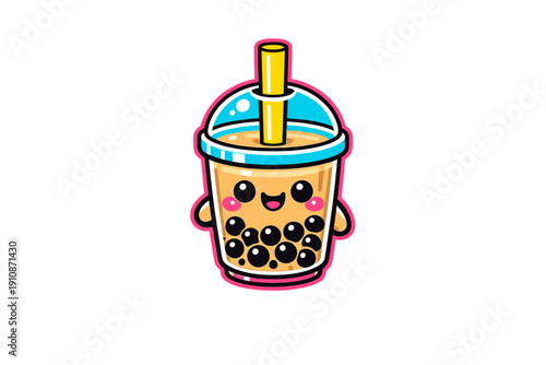 A cute cartoon illustration of a smiling bubble tea character in a plastic cup with a dome lid and yellow straw. The kawaii boba drink features black pearls and a happy face on a black background.