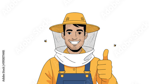Happy beekeeper in a protective suit and hat giving a thumbs-up gesture, with small bees flying around him.