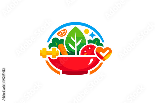 A colorful flat illustration of a red bowl filled with fresh vegetables like spinach, carrots, and tomatoes, accompanied by a dumbbell and a heart icon representing a healthy lifestyle.