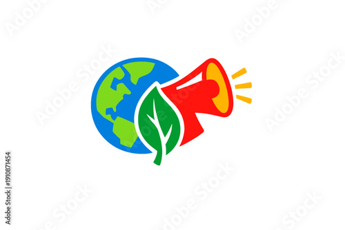 A stylized illustration featuring a blue and green globe, a vibrant green leaf, and a red megaphone emitting sound waves, symbolizing environmental activism and global awareness.