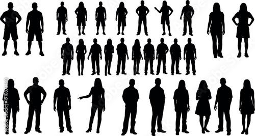 Large collection of standing people silhouettes vector set featuring men and women in casual poses for architectural and graphic design