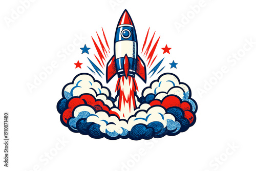 A vintage-style illustration of a red, white, and blue rocket ship launching into space, surrounded by stylized clouds of smoke, stars, and dynamic rays on a black background.