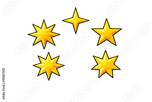 Five bright yellow stars of various shapes and point counts are displayed against a solid black background. The stars feature a comic book style with halftone dot patterns and black outlines.